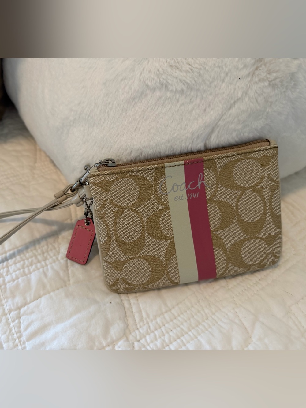 Coach Tan Signature Coated Canvas Wristlet with Pink & Cream Stripes 6x4